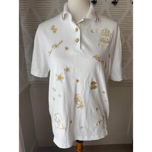 Women’s Medium Gold Embroidered Gambling Casino Vegas Polo Collared Shirt